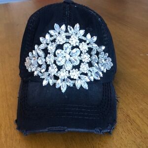 Distressed black denim blinged-out ball cap